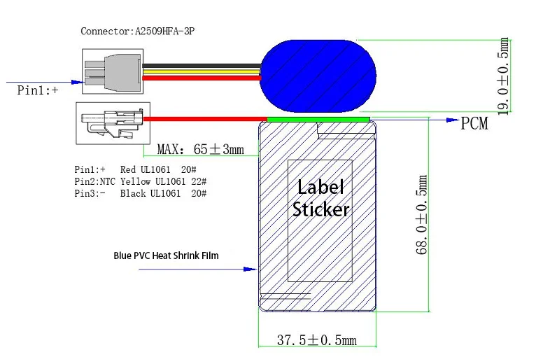 18650 2s1p battery pack dimension